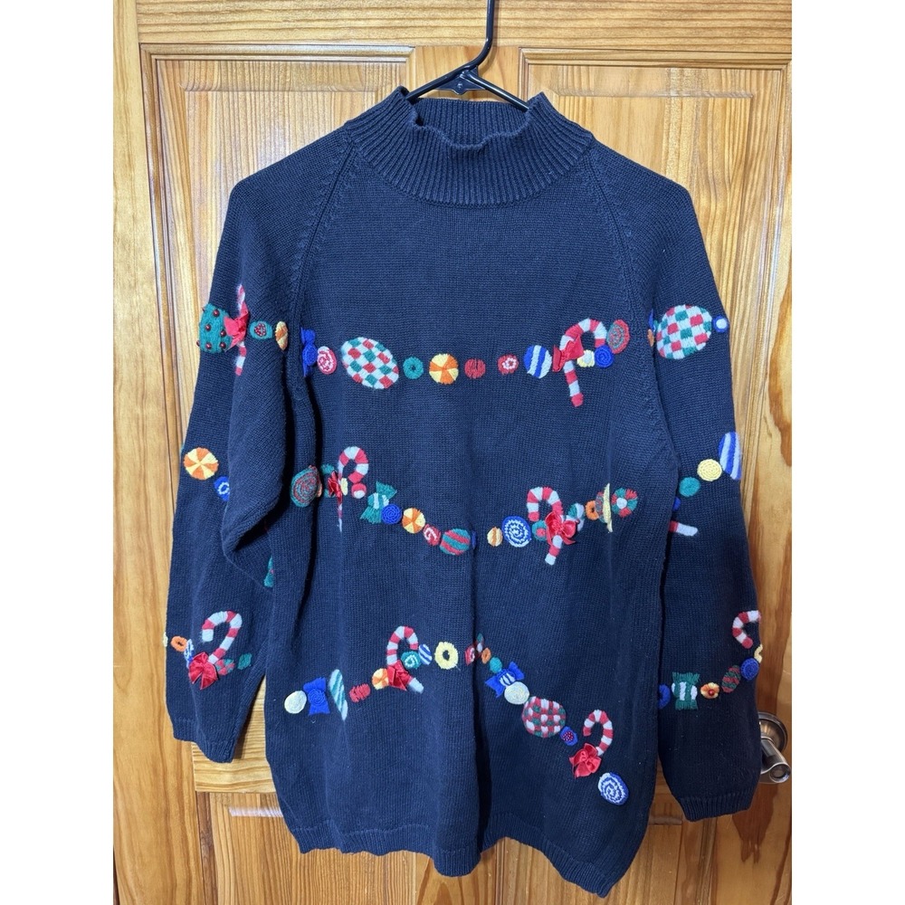 Marisa Christina Christmas Knit Ugly Sweater Holiday Black Med 1995 String Candy